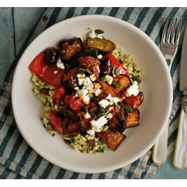 Harissa Roasted Vegetables with Pearl Couscous, Feta & Pumpkin Seeds